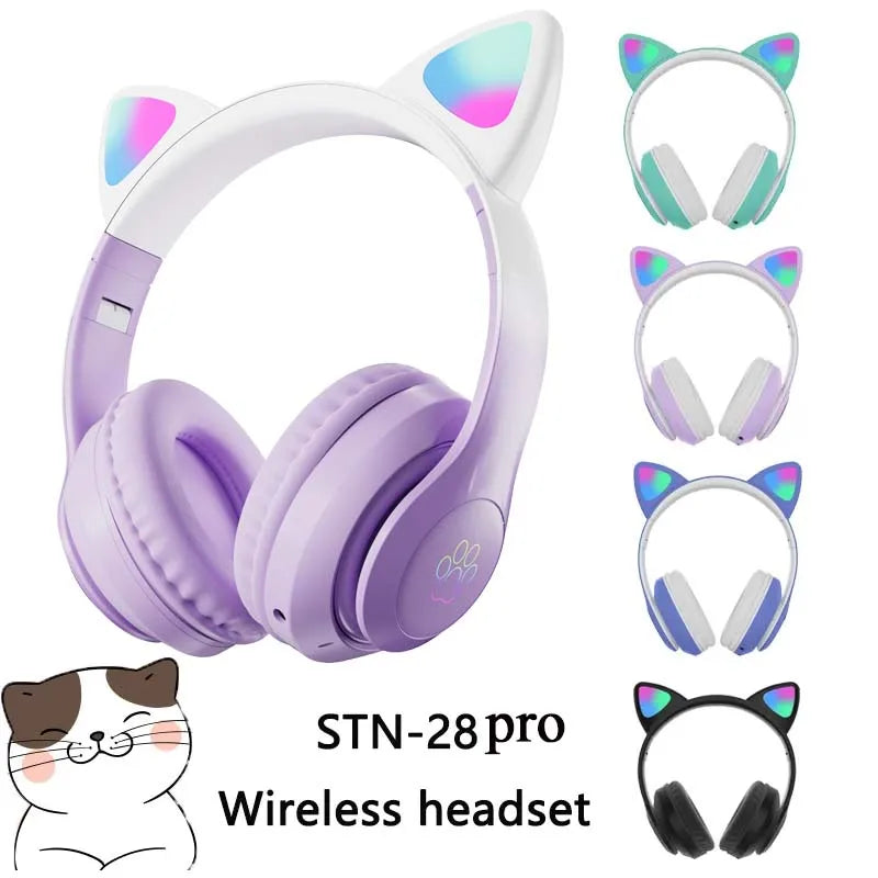 Newest STN-28 Wireless Headset Cat Ear 5.0 Bluetooth Headphones LED Flashing Light Sports and Leisure Earphones for Kids Gift